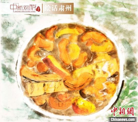 圖為酒泉美食“糊鍋”繪畫作品?！《排d彥 攝